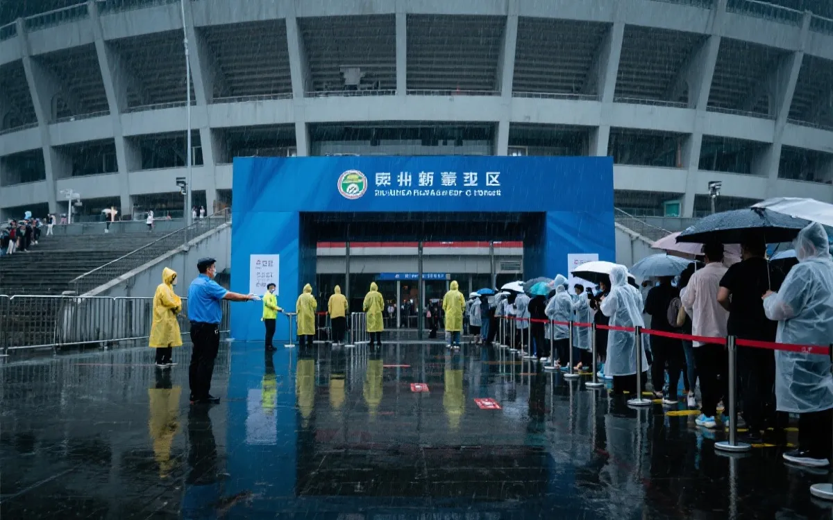 雨天球场入口与人流导引，工作人员引导观众分区排队，城市公共交通站点衔接