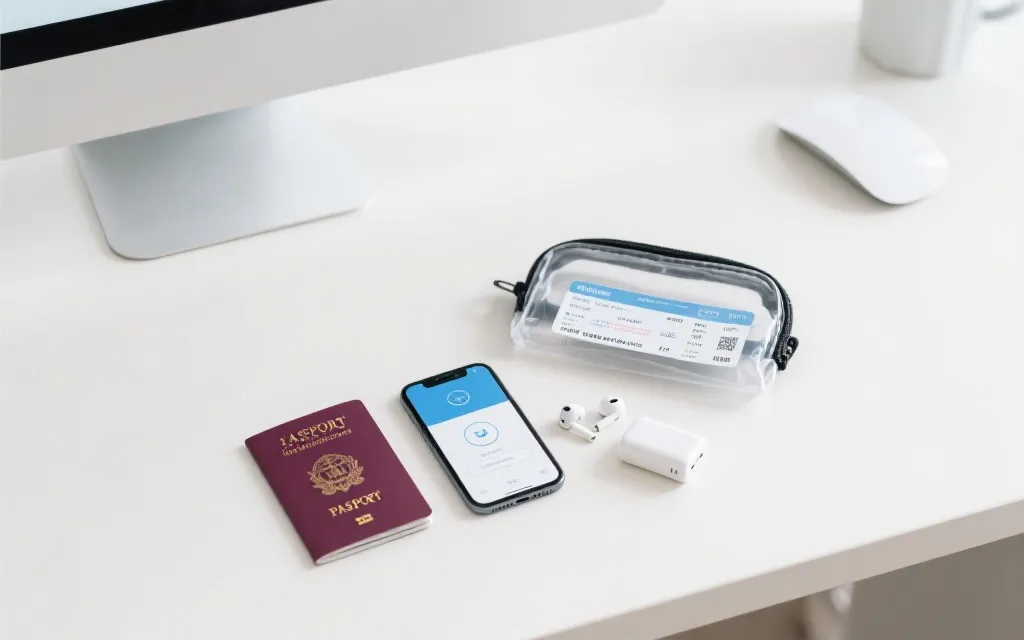 安检托盘中的随身物品平铺自查：小包、手机、纸质清单，极简旅行风