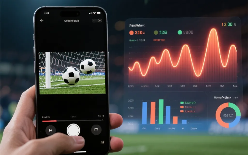 手机屏幕上的足球短视频与数据面板，象征社交媒体时代的金靴话题流量