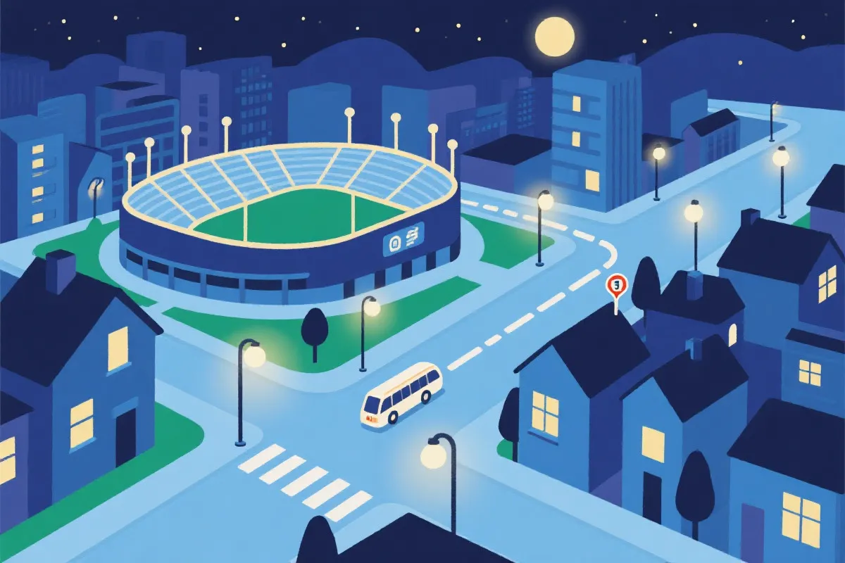 世界杯观赛夜归路线示意:从球场到地铁站再到社区街道,强调灯光与人流的安全感
