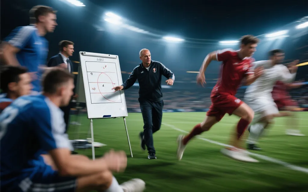 世界杯淘汰赛临场变阵与快速反击，教练指挥与球员冲刺的动态画面，强烈速度感