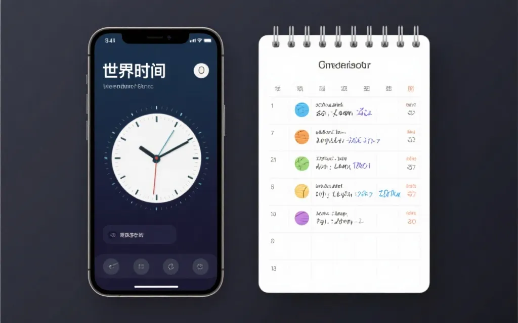 手机世界时钟与日程安排的观赛计划示意图